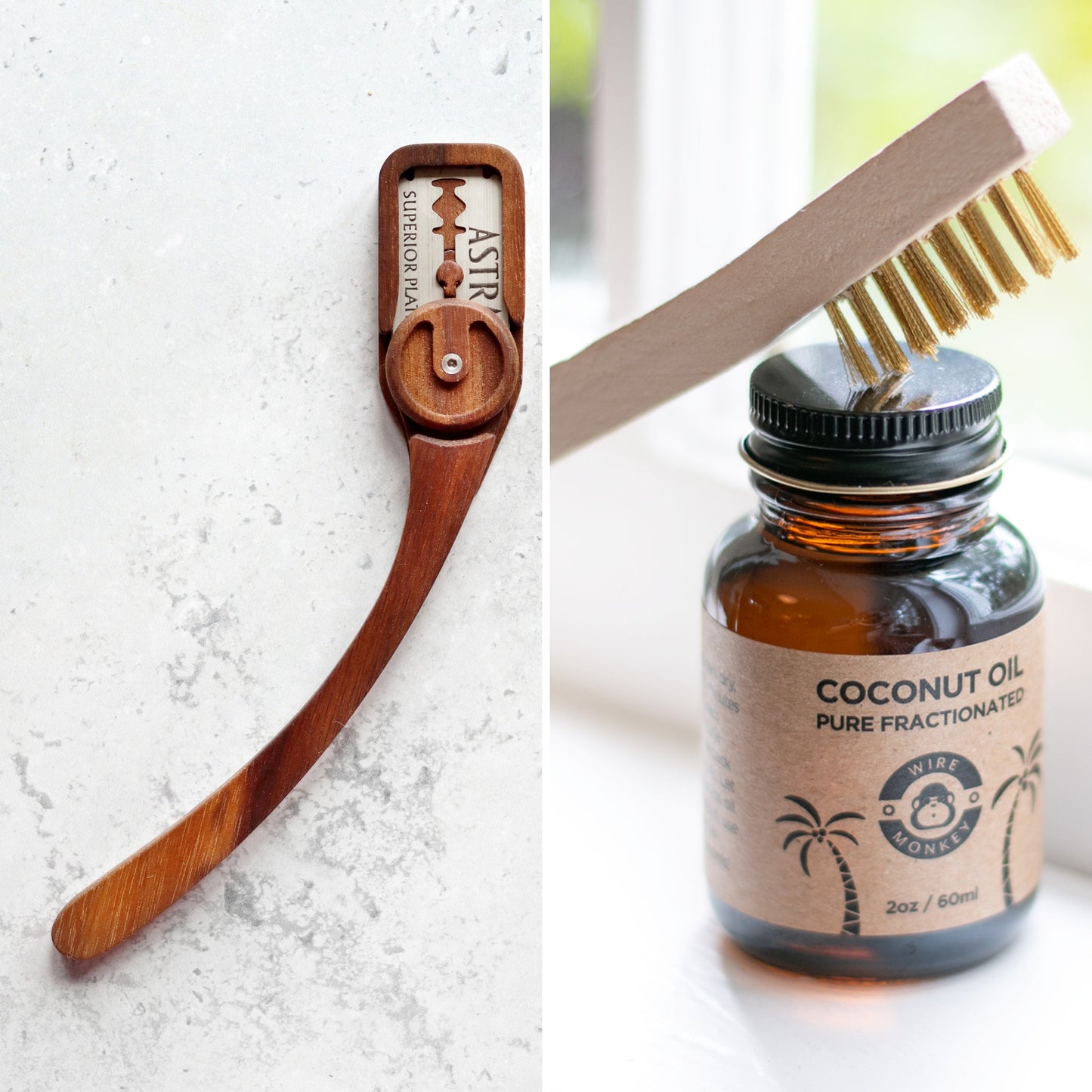 Wire Monkey Goose bread lame in black walnut beside the Wood Lame Care Kit of fractionated coconut oil and a brass wire brush