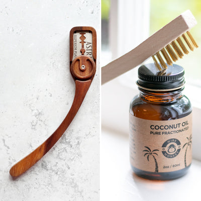 Wire Monkey Goose bread lame in black walnut beside the Wood Lame Care Kit of fractionated coconut oil and a brass wire brush