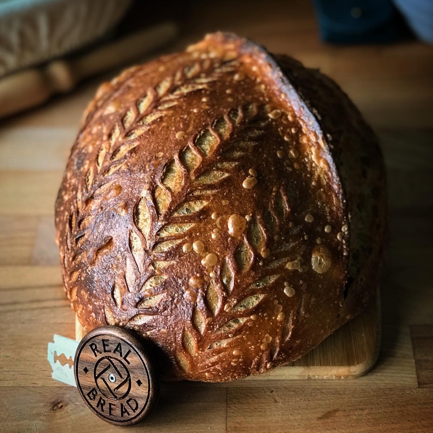 Decorative wheat-pattern scoring on a sourdough loaf, baked by Jennifer Phillip (@she.bakes.bread), with a Wire Monkey Real Bread lame